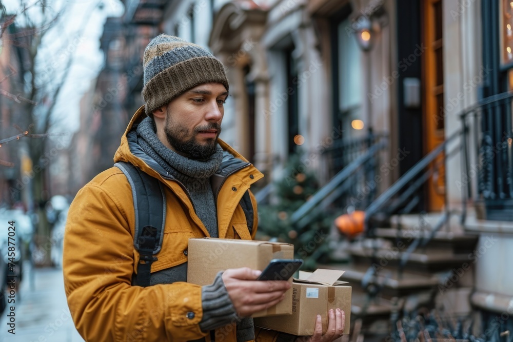 Courier Checking Delivery Details on Smartphone Courier Checking Delivery Details on Smartphone