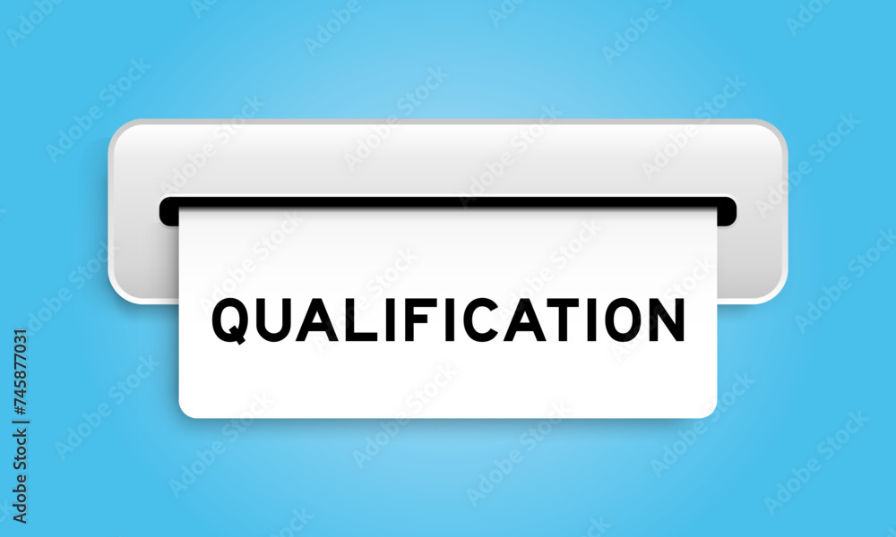 White coupon banner with word qualification from machine on blue color background White coupon banner with word qualification from machine on blue color background