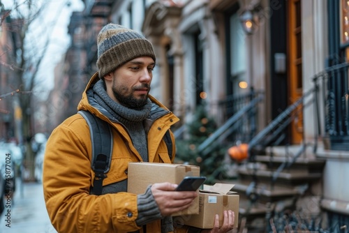 Courier Checking Delivery Details on Smartphone