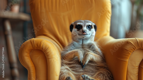 Meerkat is sitting on the armchair in the modern apartments. Concept of living wild animals with people