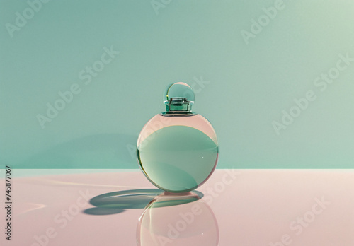 glass lotion bottle in circular shape in a teal background