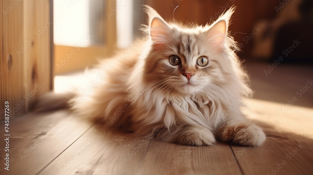 Beautiful fluffy cat on a wooden floor in the house interior. Animal concept background.
