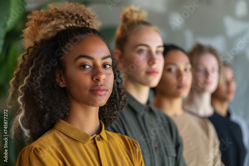 A young woman in yellow stands out in a sharp focus with a group of peers in soft focus behind her