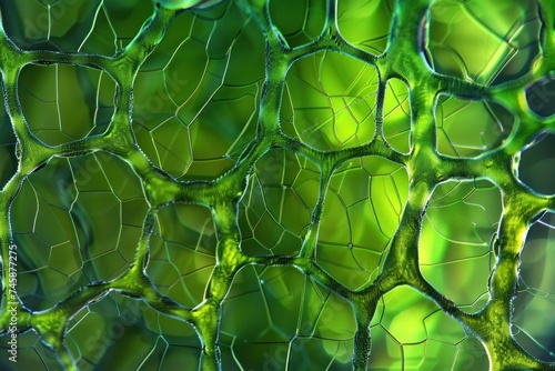 the intricate network in a leaf chlorophyll cells under a microscope vibrant green hues