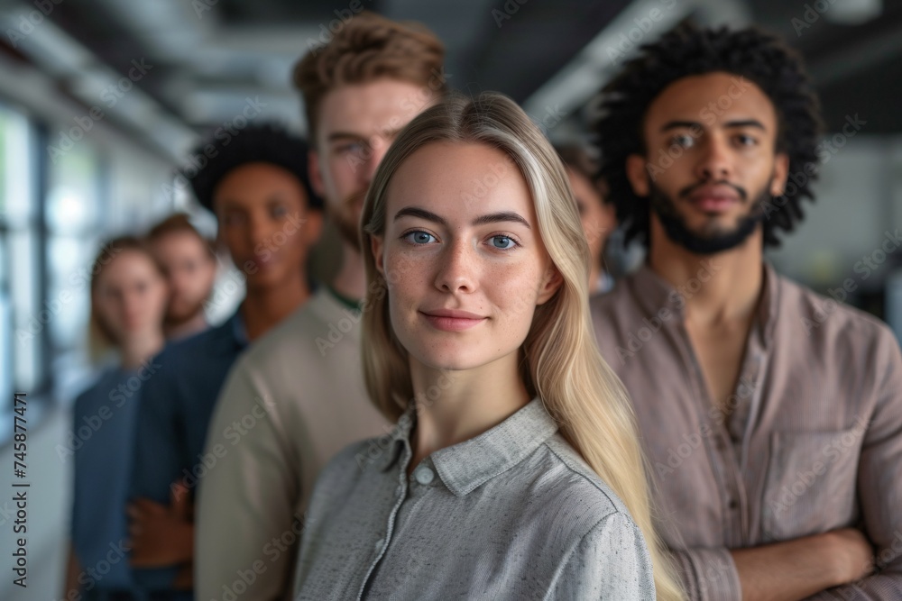 Portrait of a confident young woman with diverse group of people blurred in the background Portrait of a confident young woman with diverse group of people blurred in the background