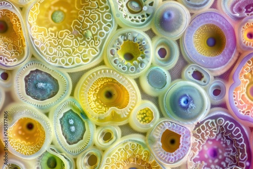 pollen grains under a microscope vibrant colors and detailed textures educational and scientific theme