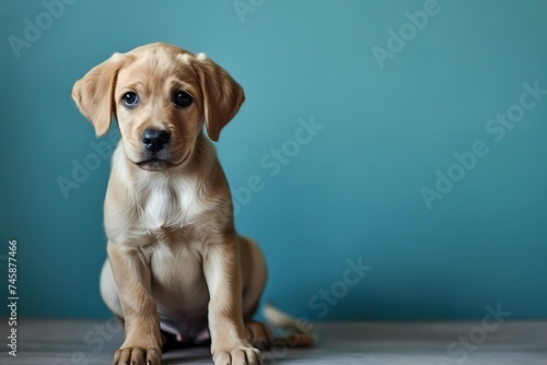 cute puppy dog against solid color wall