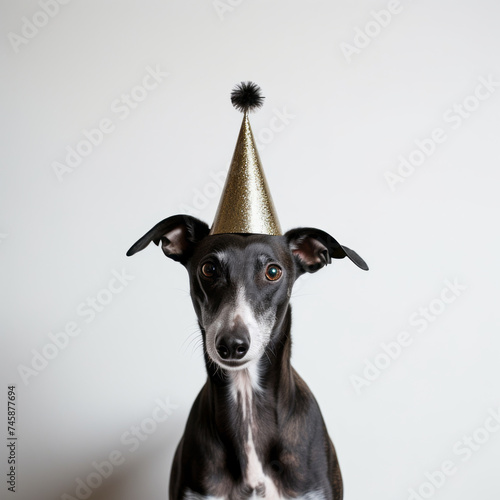 greyhound in the birthday hat against white minimalistic wall, white interior
