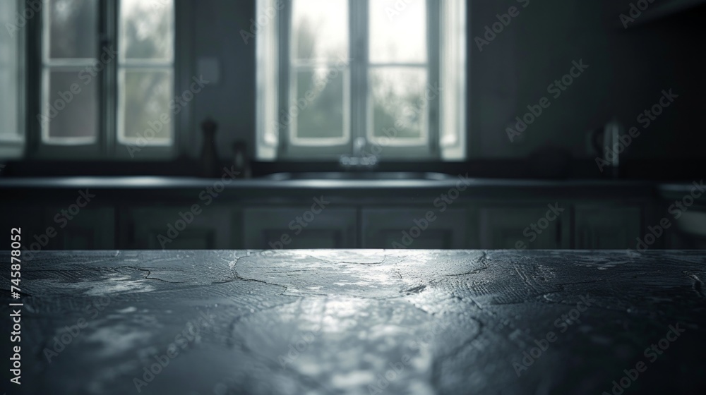 Spacious dark kitchen counter illuminated by soft window light, conveying a cozy, ambient interior. Spacious dark kitchen counter illuminated by soft window light, conveying a cozy, ambient interior.