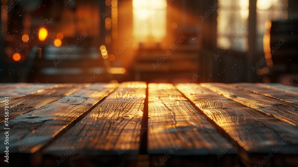 The warm glow of sunset casts a peaceful light on a rustic wooden table, evoking a cozy atmosphere. - obrazy, fototapety, plakaty 