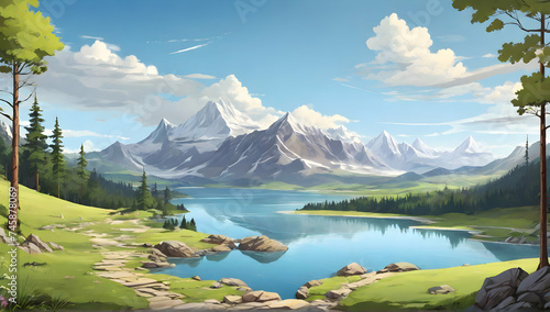 Mountain views with hiking trails and beautiful lake views. Cartoon or anime illustration style.
