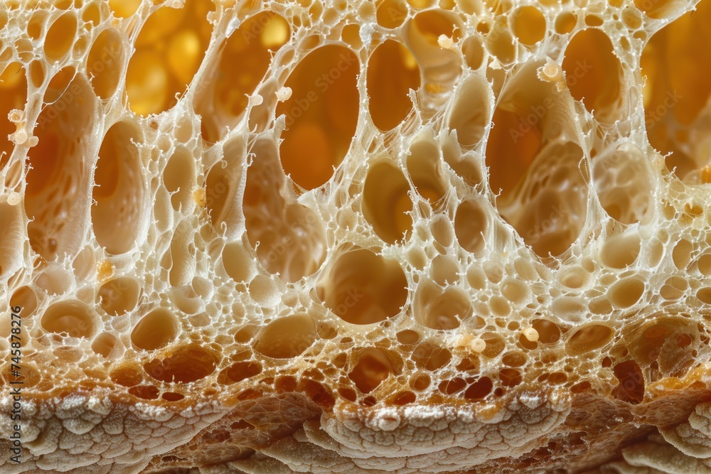  a slice of bread showcasing yeast cells and gluten network in detail