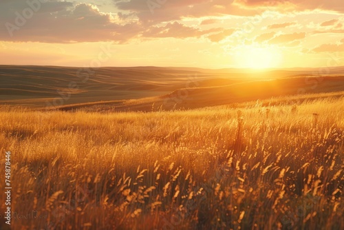 Golden sunset over a peaceful prairie with wild grasses swaying in the breeze nature landscape