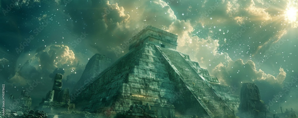 Mayan Civilization with advanced astronomical technology predicting cosmic events in a galactic observatory - obrazy, fototapety, plakaty 