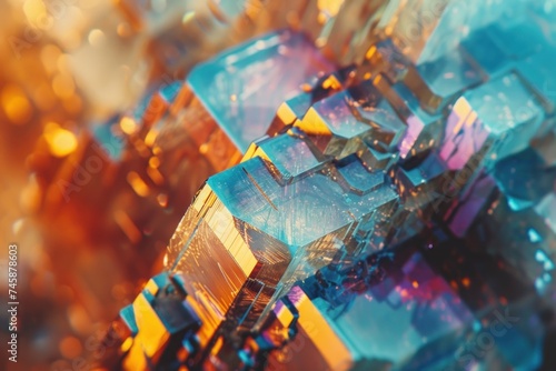 Close up stock image of the surface of a mineral crystal showing molecular structure and shimmering colors