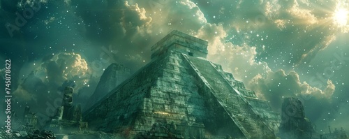 Mayan Civilization with advanced astronomical technology predicting cosmic events in a galactic observatory photo