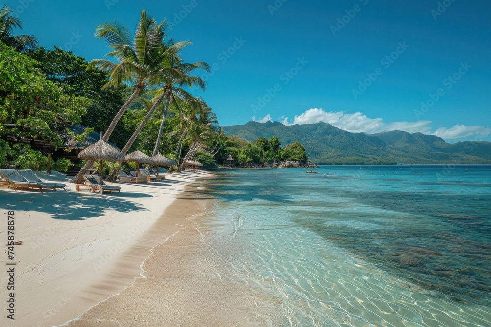 A tropical island paradise with palm trees white sand and crystal clear water idyllic nature landscape