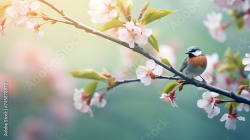 A bird sits on spring branches with flowers with copy space.