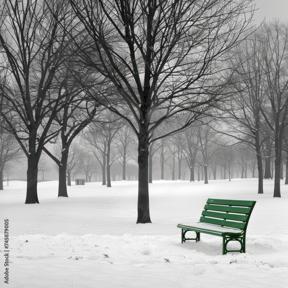 A solitary green bench in a snowy park a spot of color in a monochrome world