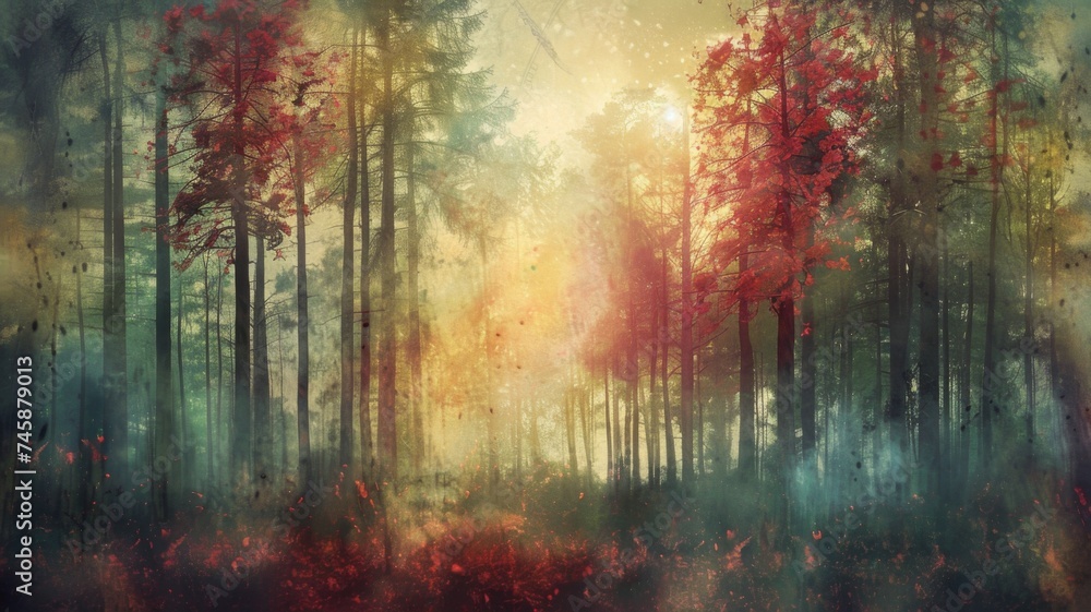 Mystical autumn forest scene with light rays - An ethereal and atmospheric woodland bathed in warm, soft light, depicting an autumn forest with vibrant red foliage and a dreamy, mystical quality