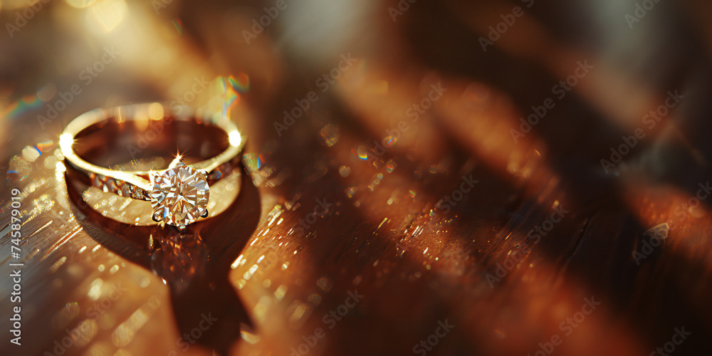 Detail close up of a sparkling diamond engagement ring lying on a textured table in sunlight shadows. Wedding concept banner with copy space.