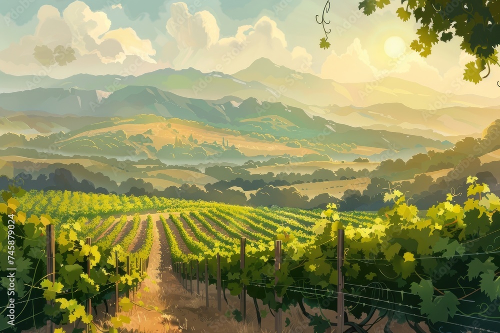 watercolor of A sun drenched vineyard with rolling hills and a distant mountain range picturesque nature landscape