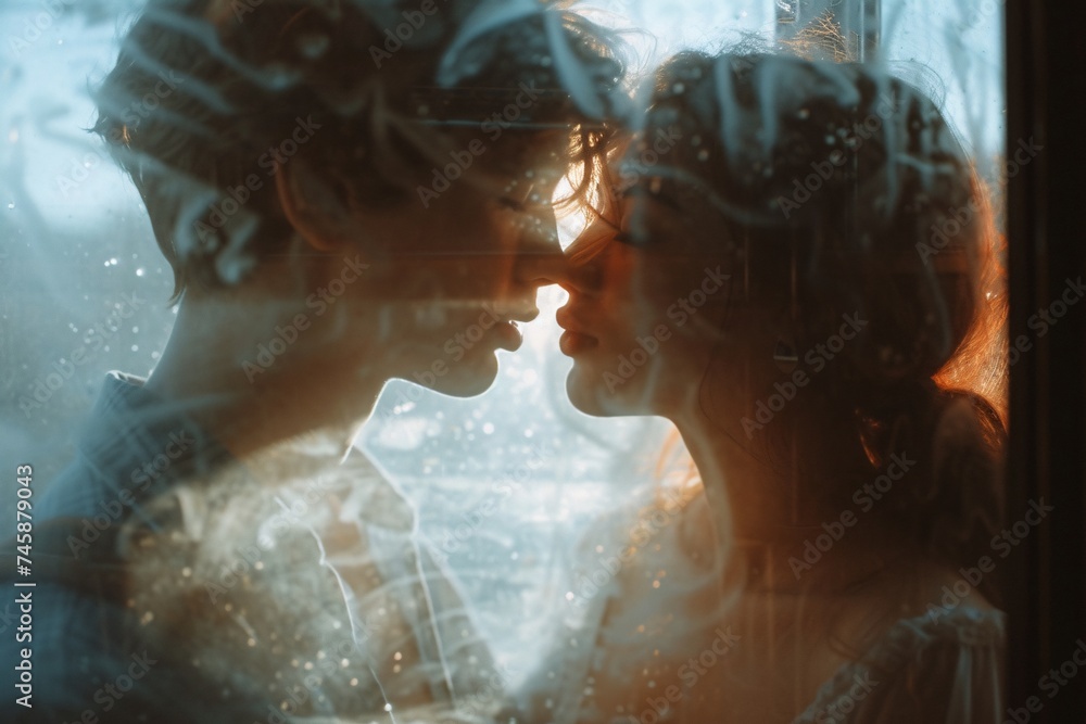 An intimate moment captured between two people behind a rainy window, blurring identities but not emotions