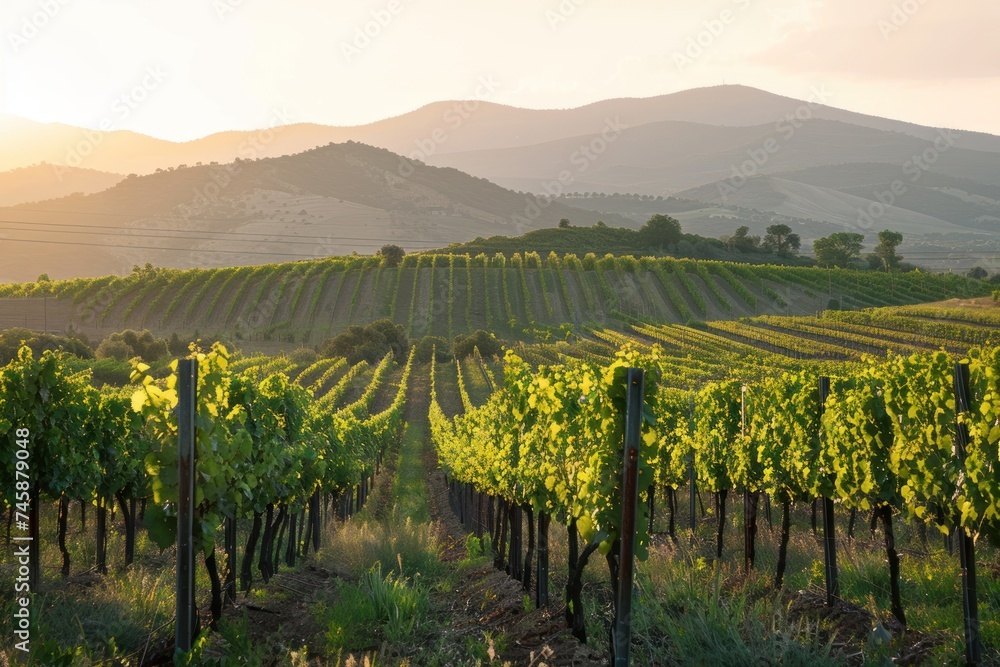 A sun drenched vineyard with rolling hills and a distant mountain range picturesque nature landscape
