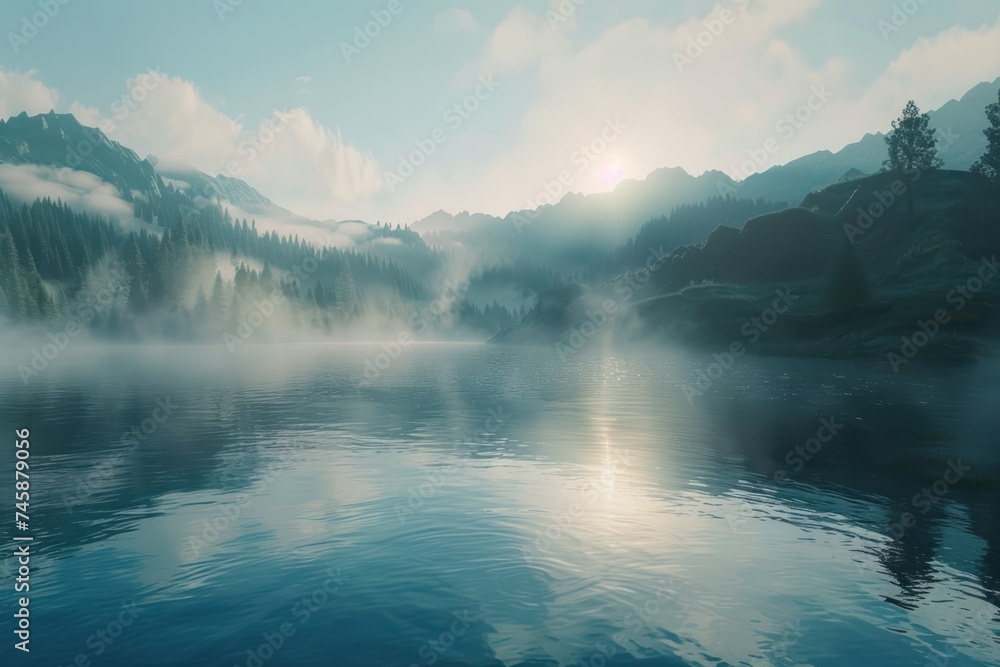 Fototapeta premium A secluded mountain lake at dawn with mist rising from the surface tranquil nature landscape