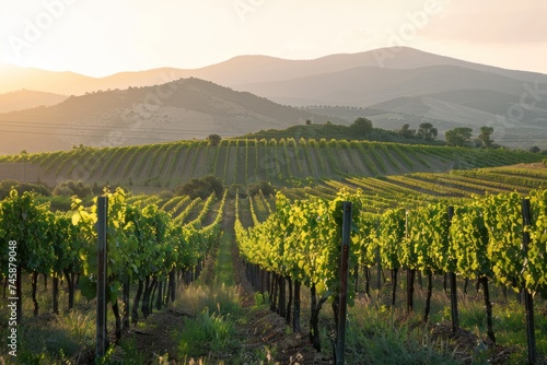 A sun drenched vineyard with rolling hills and a distant mountain range picturesque nature landscape