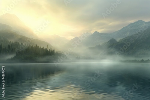 A secluded mountain lake at dawn with mist rising from the surface tranquil nature landscape