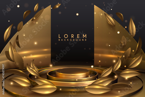 Golden podium with leafs and sparks background