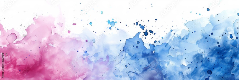 Splattered colorful watercolor background - A horizontal banner of colorful watercolor splatters in hues of pink and blue, ideal for creative designs
