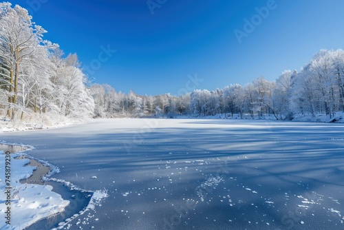 A frozen lake with snow covered trees and a clear blue sky winter nature landscape © Nisit