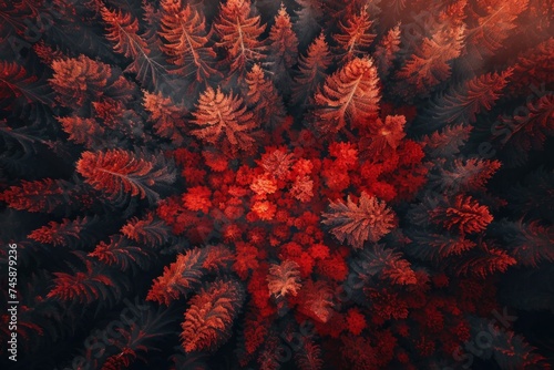 A fiery red and orange autumn forest from above seasonal beauty in nature landscape.