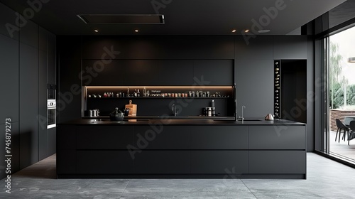 Contemporary charm of a minimalist black kitchen, where sleek black cabinetry and minimalist decor create a modern and inviting space for culinary delights