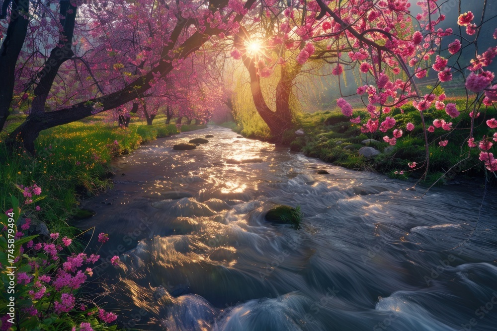 A blooming cherry blossom park with a river flowing through springtime nature landscape.