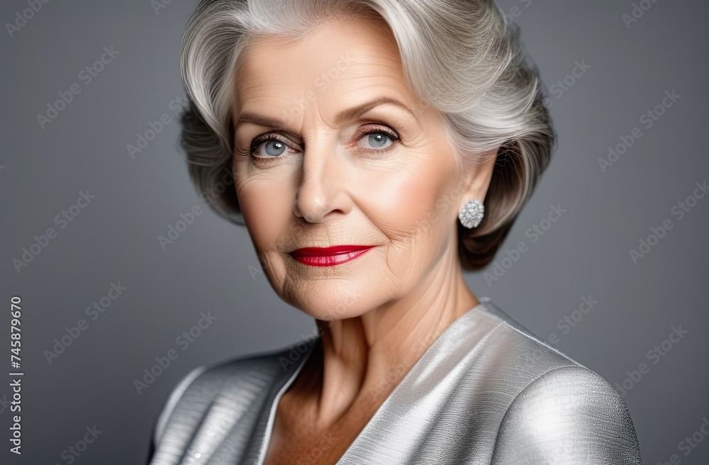 Close-up, portrait of elegant senior woman on grey background Close-up, portrait of elegant senior woman on grey background
