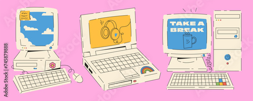 Set of illustrations with retro computers and laptop. Computer desktop with clouds, headphones and take a break. Vintage technology from the 80's, 90's.