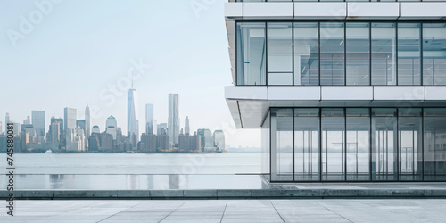 An office building with the side of a city skyline.