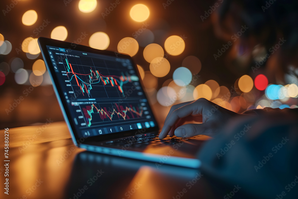 Laptop with human hands typing and stock market trading charts on the screen with night lights bokeh in the background - obrazy, fototapety, plakaty 