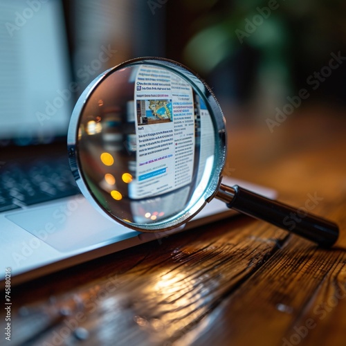 Close-up shot of a magnifying glass enhancing text on a newspaper on a wooden surface photo