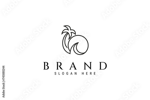 Beach sea waves palm tree line art Logo Template. Universal creative premium symbol. Vector illustration. Creative minimal design template.