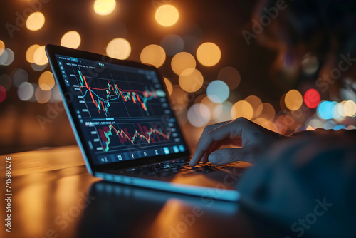 Laptop with human hands typing and stock market trading charts on the screen with night lights bokeh in the background