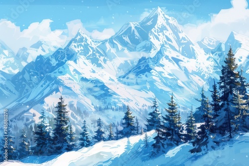 watercolor of Snow covered mountain peaks with alpine trees winter wonderland nature landscape