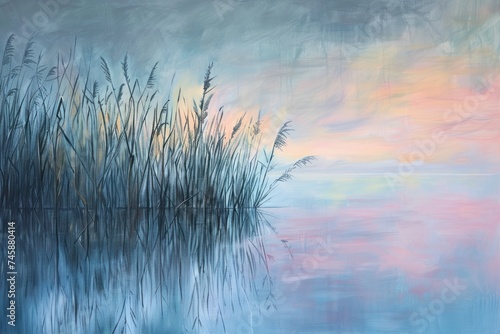 watercolor of A serene wetland at twilight with reflections of tall reeds and a pastel sky peaceful nature landscape