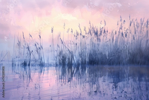 watercolor of A serene wetland at twilight with reflections of tall reeds and a pastel sky peaceful nature landscape