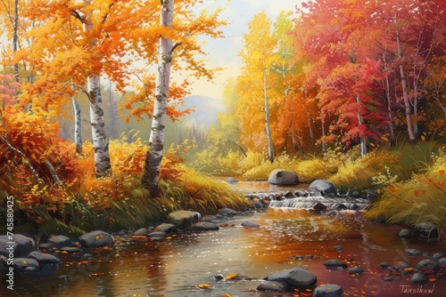 watercolor of A gentle stream meandering through a colorful autumn forest peaceful nature landscape