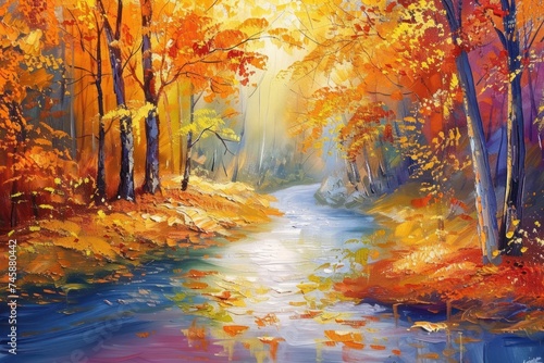 watercolor of A gentle stream meandering through a colorful autumn forest peaceful nature landscape