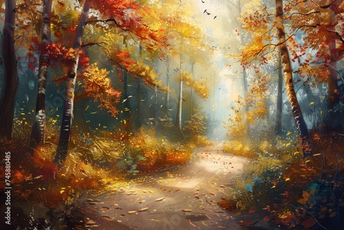 watercolor of Autumn forest with colorful foliage and a winding path seasonal nature landscape